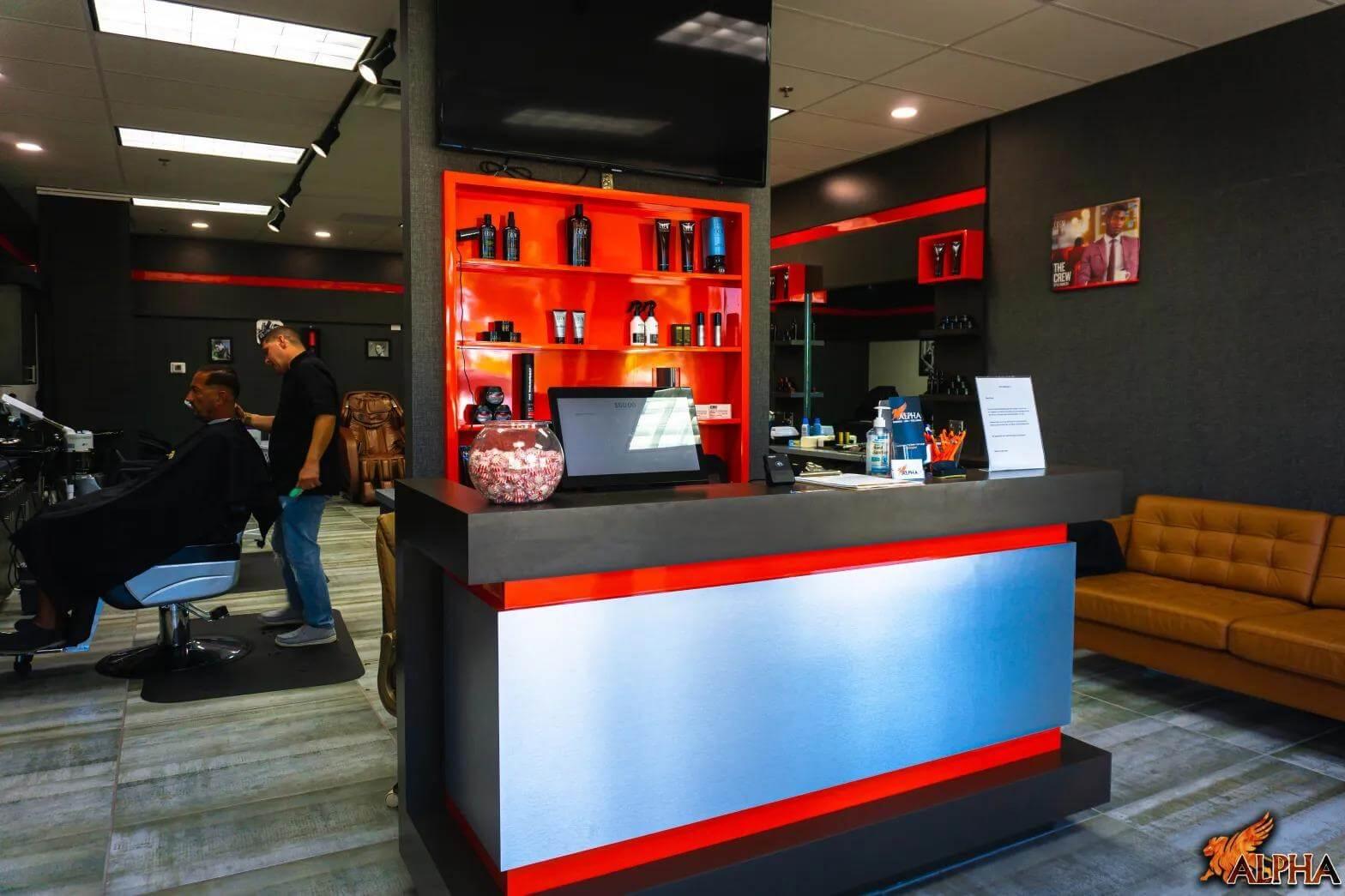Reception area at an ALPHA Men's Spa® location